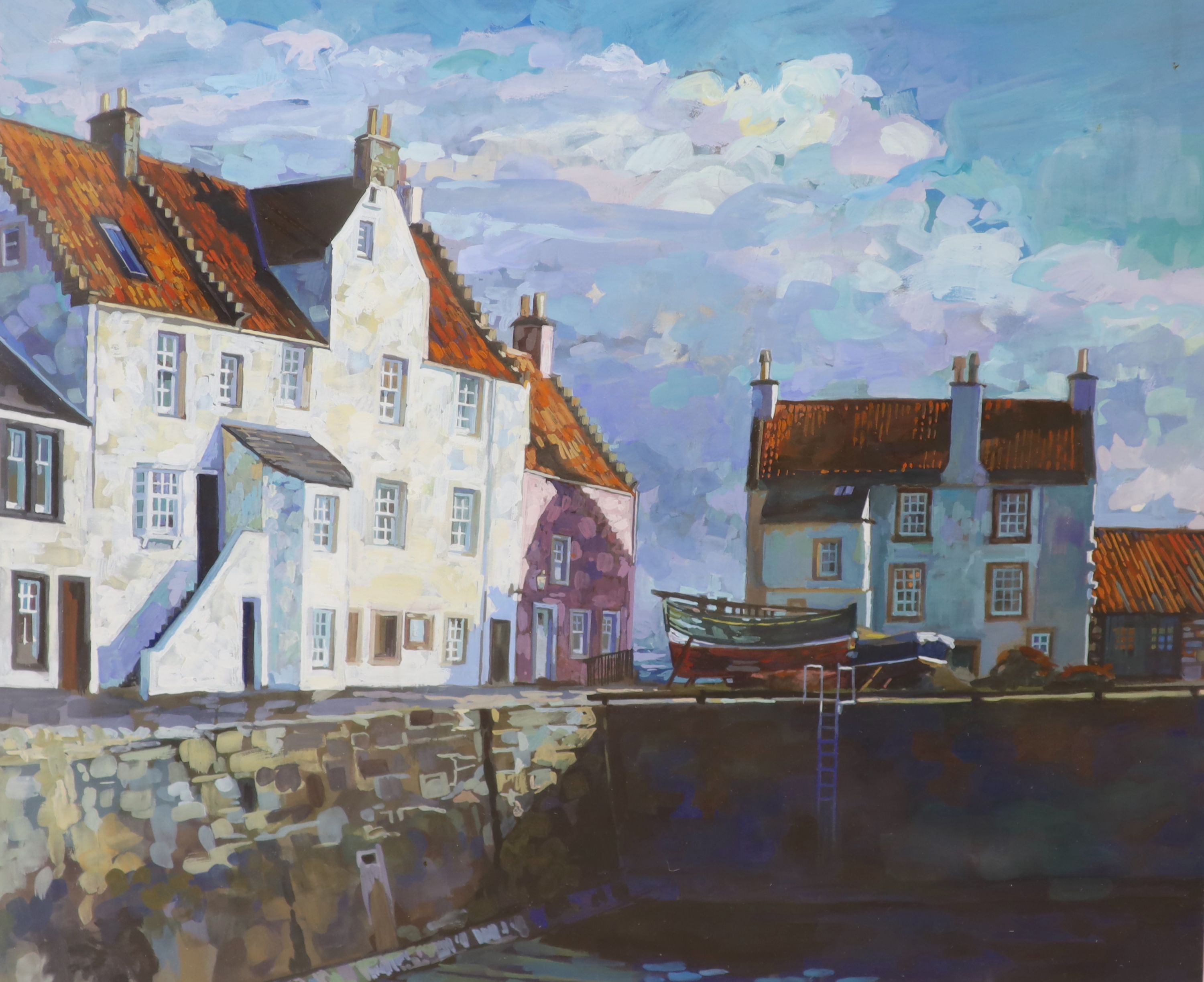 Sonas McLean (Contemporary Scottish), gouache on paper, Harbour scene, signed, 29 x 35cm